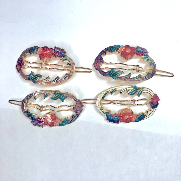 Cloisonne Gold-Tone Purple Floral Enamel Hair Barrette Vintage Flower Hair Clip. Cloisonne Barrette. Wedding  main image 4